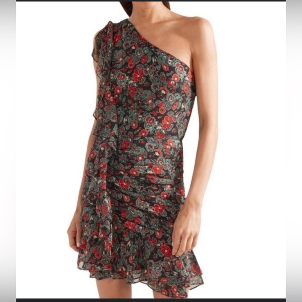 Veronica Beard Silk Ballard Mini Dress Floral One-Shoulder Dress